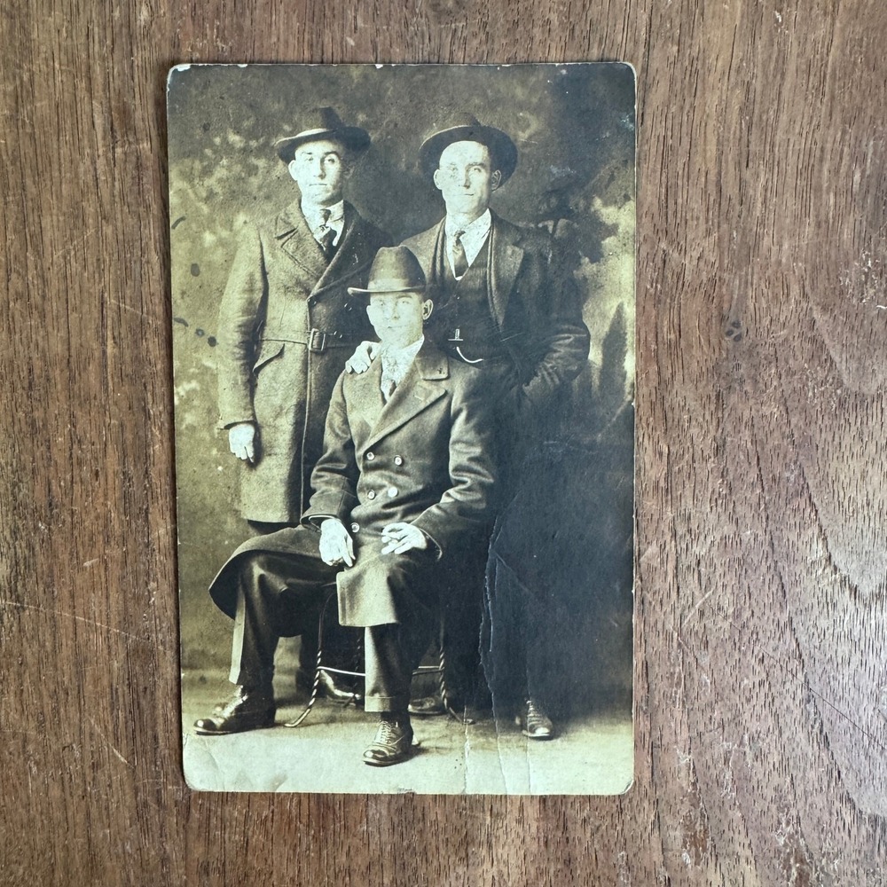 Antique Tintype Studio Photograph of three men‎ 1920s Street Clothes Coats Hats